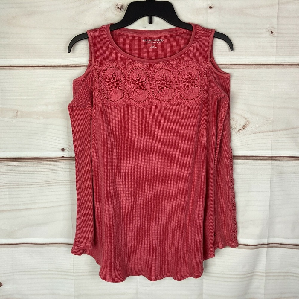 Soft Surroundings Top Womens S Pink Waffle Knit Cold Shoulder Lace Trim Pullover